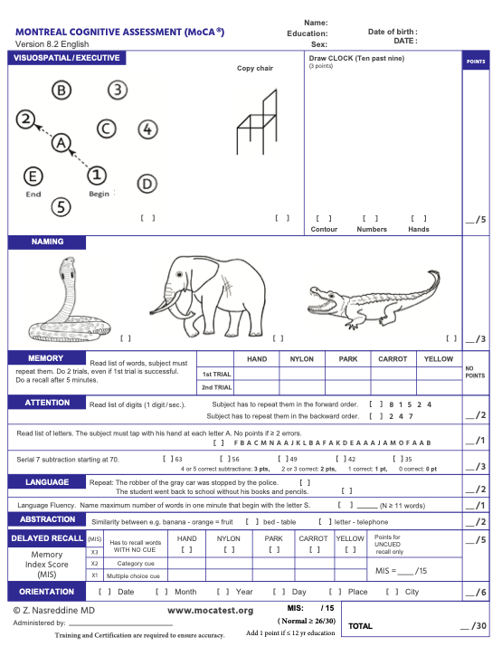 Moca Cognitive Test Printable